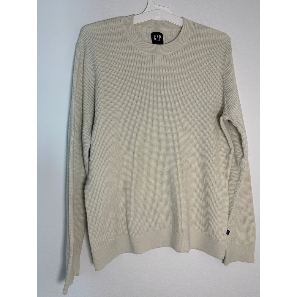 Gap‎ Mens XL Waffle Knit Crewneck Sweater Off White Cream Long Sleeve Pullover